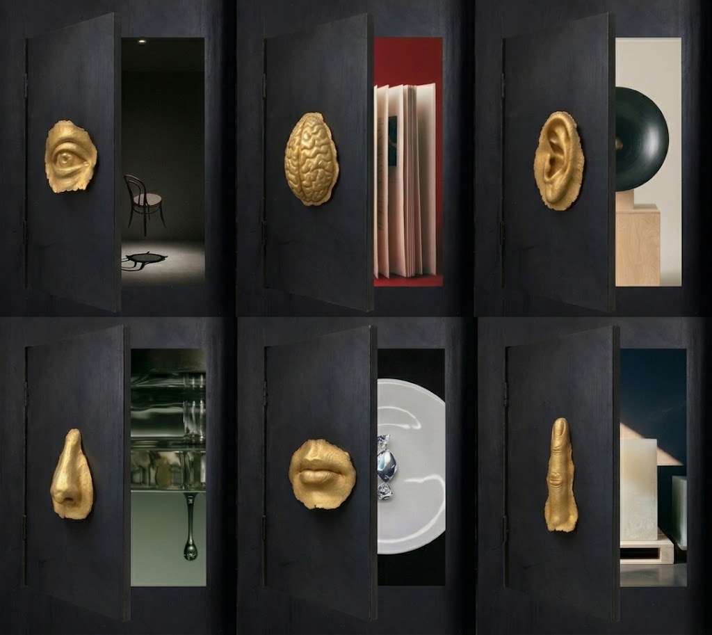 Six cabinet doors reveal sensorial retail scenes.