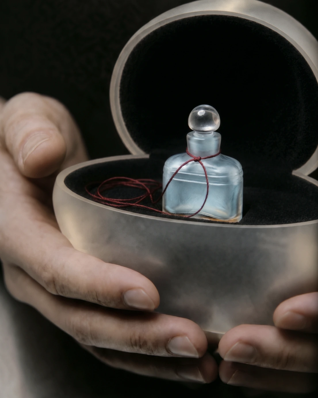 Hands open a frosted vessel, revealing a small glass bottle.
